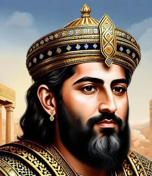 Prompt: Full portrait of Achaemenid king Cyrus the Great, Persian castle, intricate, rugged, highly detailed, artstation, concept art, sharp, sharp focus,