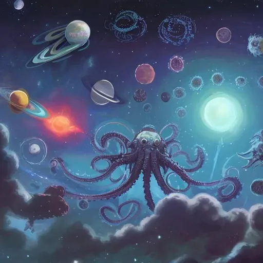 Prompt: Space Kraken with Planets 