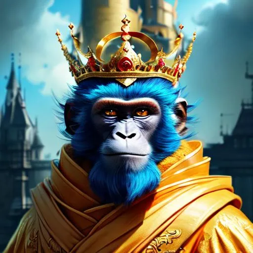 Prompt: a monkey king having super powers, very strong, hyper detailed,4k,huge,background of a big huge castle, a shiny anime blue sward in hand