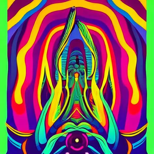 Prompt: Hypnotic illustration of bananas found on Reddit, hypnotic psychedelic art by Dan Mumford, pop surrealism, dark glow neon paint, mystical, Behance