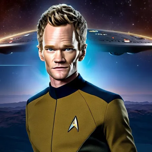 Prompt: A portrait of Neil Patrick Harris, wearing a Starfleet uniform, in the style of "Star Trek the Next Generation," with a Star Trek background.