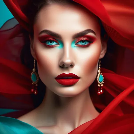 Prompt: Beautiful ethereal woman. color scheme of tuquoise and red. facial closeup