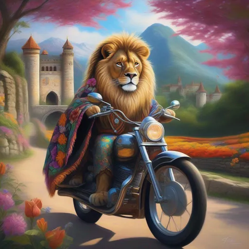 Prompt: High-resolution realistic painting of an old furry lion, (Beautiful {Sugarskull} and happy face), graying hair, flowers in his hair, wearing a psychedelic poncho with tropical flowers on it, riding a big trail motorcycle. with a medieval castle in the background,