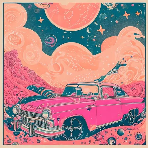 Prompt: litho print  pink and orange, 
stars,  love, hearts,  waves, ocean, desire,  vinyl records,  baby blue car . wheels


Tout est noir, mon amour
Tout est blanc
Je t'aime, mon amour
Comme j'aime la nuit

To the stars, my love
To the sea
To the wheels, my love
'Til they roll all over me
