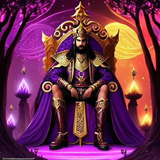 Prompt: A dark skin Elven sultan wearing purple, red and yellow ancient arabian/Ottoman style sultan's armor. sitting on a golden throne in a bioluminescent mushroom forest. black hair, long arabian beard, purple eyes.