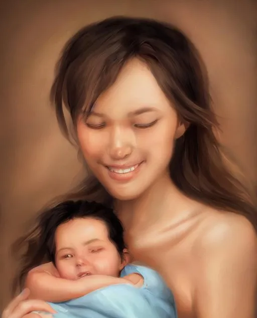 Prompt: Oil painting by Artgerm a beautiful young mother holding her newborn infant, cheerful, happy, pleasant, ambient lighting, soft focus, award-winning cgi, blender 