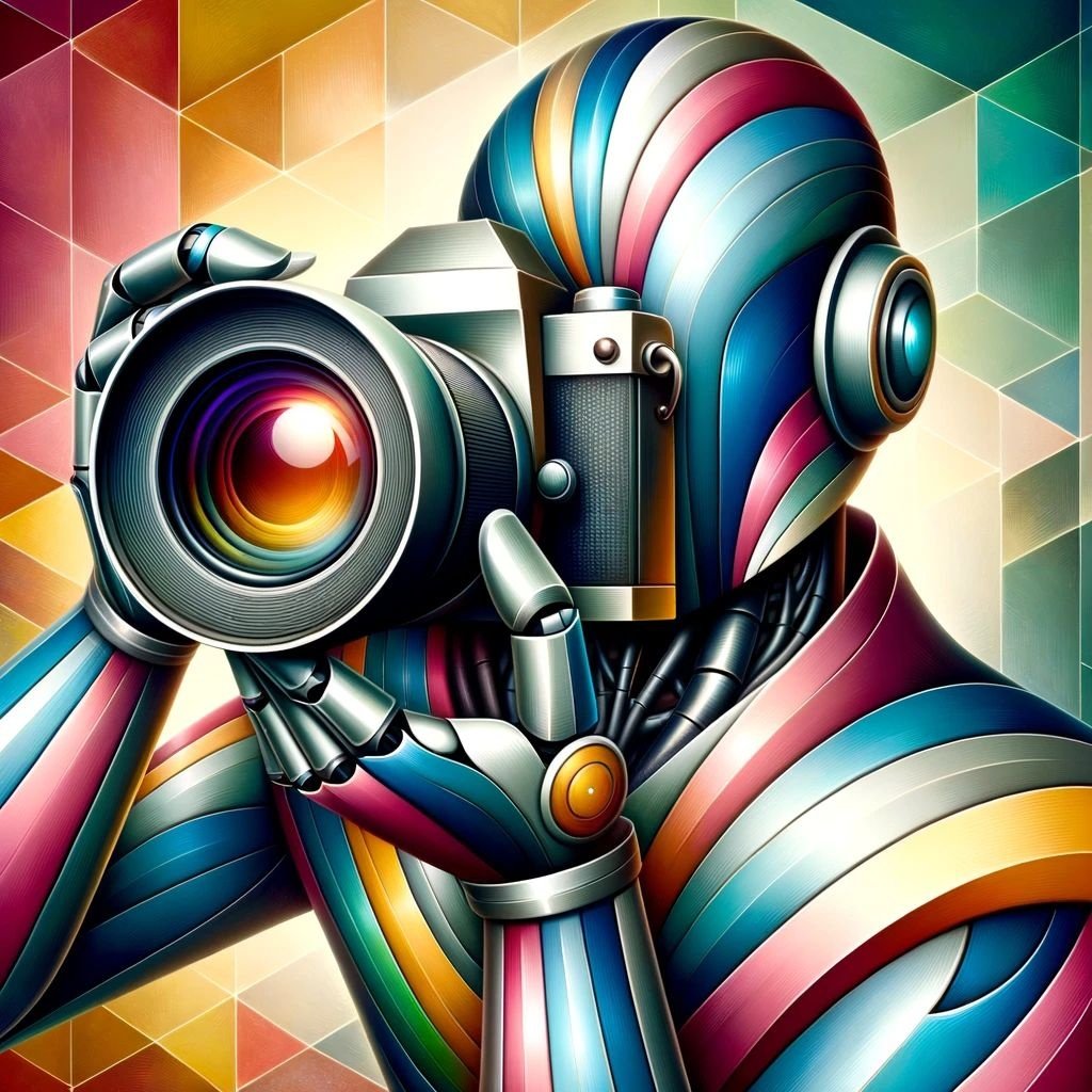 Prompt: Digital painting of a robot characterized by hard edges, dressed in a dazzling ensemble of vivid colors, possessing a camera lens, set against a soft geometric background.