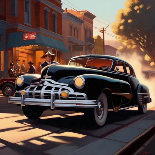 Prompt: LA Noire, car chase, cartoony, sunny atmosphere, extremely detailed painting by Greg Rutkowski and by Henry Justice Ford and by Steve Henderson