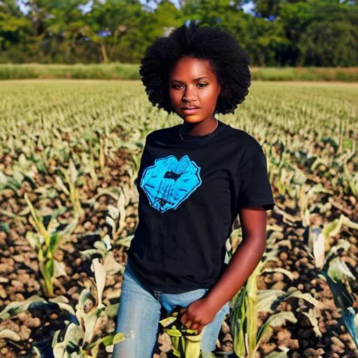 Prompt: a beautiful 19 year old black south African woman working on a maize farm wearing blue jeans and a black t shirt, as well as a sunhat