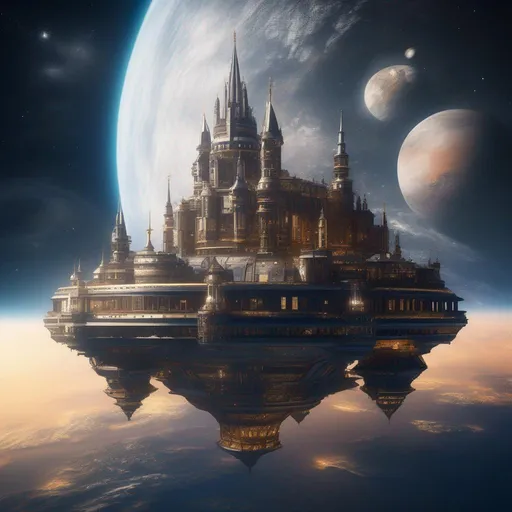 Prompt: A space station that looks like a medieval castle floating through space,
