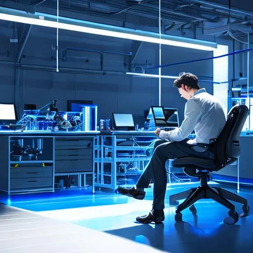 Prompt: Man wearing dark suit sitting in a chair working on a robot in a lab, machine parts around the room, robotic assistant, blue lighting, garden plants