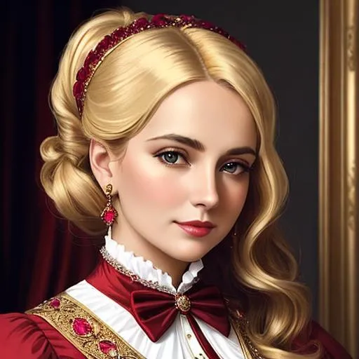 Prompt: Wealthy, stylish lady of the Victorian era, blonde hair, wearing ruby and gold jewelry, wearing ,facial closeup