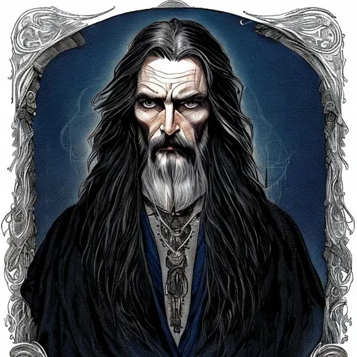 Prompt: A tall, wiry man with long, dark hair streaked with silver. Piercing blue eyes always seem to be looking past you, into the void. Wearing Victorian-era mystic – dark, layered clothes with various esoteric symbols embroidered upon them.