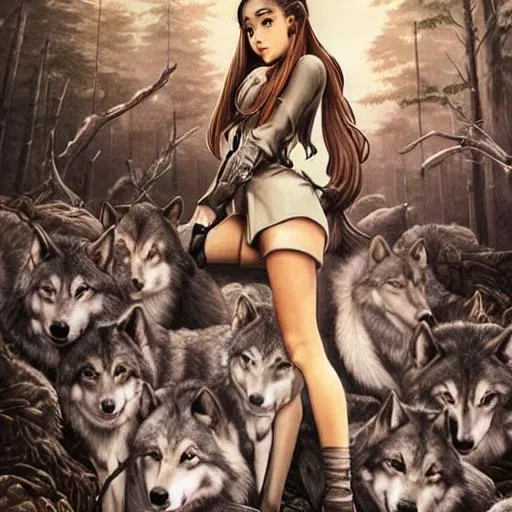 Prompt: Ariana Grande leading an army of wolves through the forest with her singing, manga, highly detailed, beauty, art by Takehiko Inoue, Artgerm, intricate, elegant, J. C. Leyendecker, Jojo Bizarre Adventure