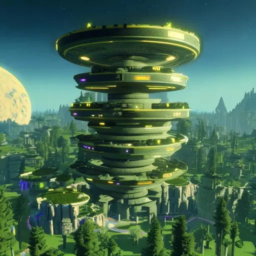 Prompt: An arcology on a lush world, in the style of Star Trek. {Star Trek: The Next Generation}