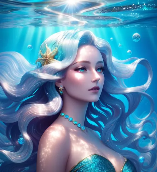 Prompt: Digital style painting, a woman, siren, alien, swimming, deep ocean, sun beams, long curly flowing hair, soft light, seaweed, shells, filigree decoration, backlit, sparkles, bubbles, opal, diamond, underwater, exquisite, fine art, 4k, ultra HD