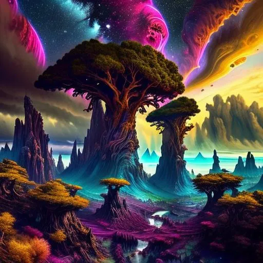 Prompt: Highly detailed fantasy planet landscape, clouds, stars, planets, waterfalls, nebulae, mystical, light shafts, massive storm cell on horizon, golden hour, rule of thirds, ancient trees, magenta-pink, green-cyan, dark-magenta, electric-blue, trending on artstation, beautiful, tonemapping, fantasy art, digital painting, hyperrealism, hyperdetailed, landscape, photorealistic, dramatic lighting, ray tracing, path tracing, vibrant, full shot