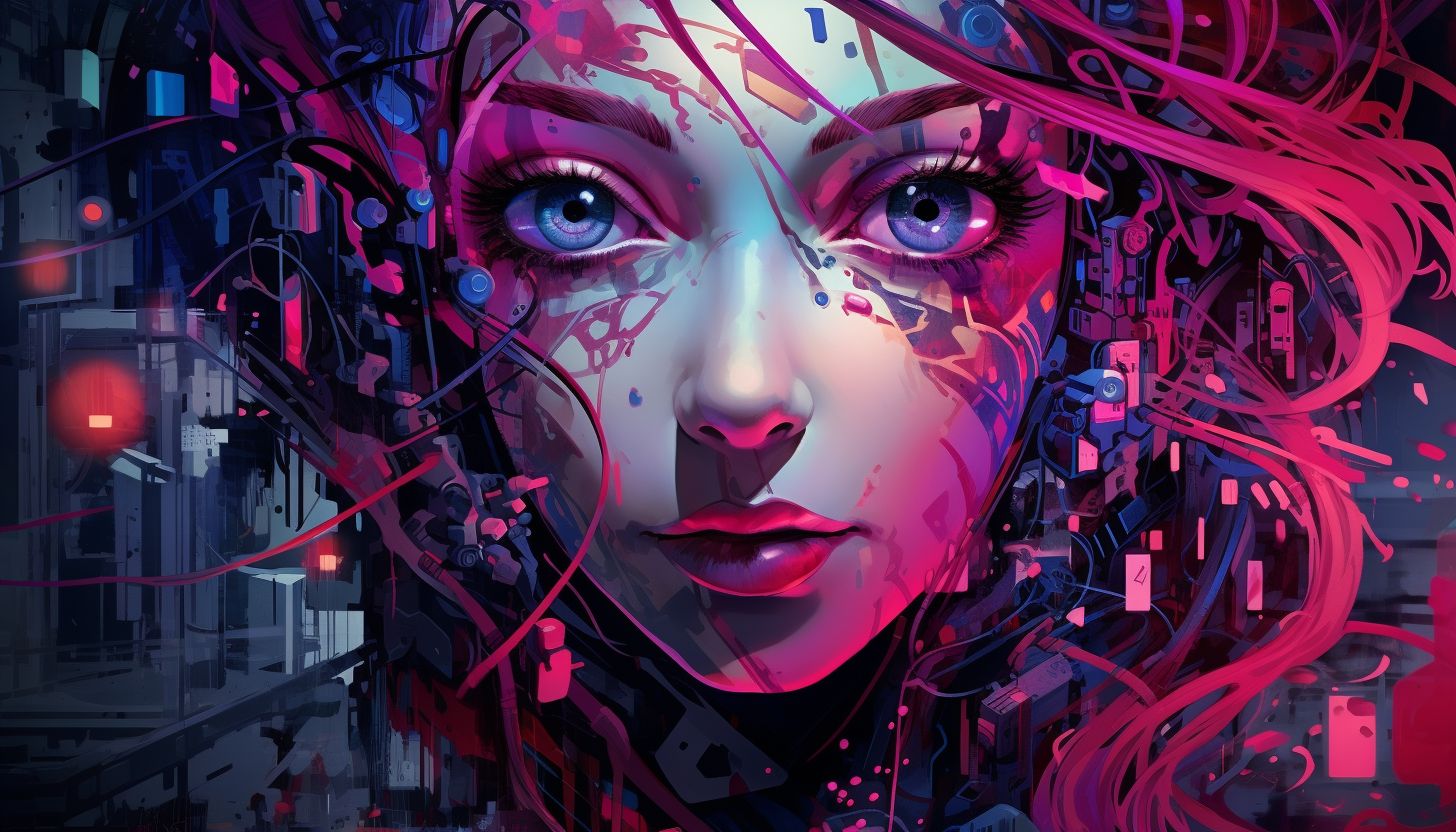Prompt: a woman with beautiful pink hair is animated by a robot, in the style of security camera art, dan mumford, album covers, colorful, made of liquid metal, vibrant color scheme, colorful, eye-catching compositions