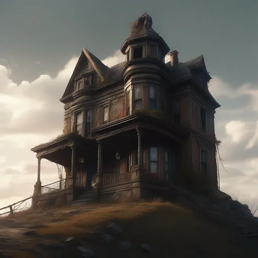 Prompt: Epic cinematic art of an insanely detailed old dilapidated house on a hill at the end of a street