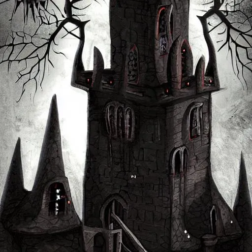 Prompt: Create me a scene of a great dark and spooky tower in the art style of Hallowknight 