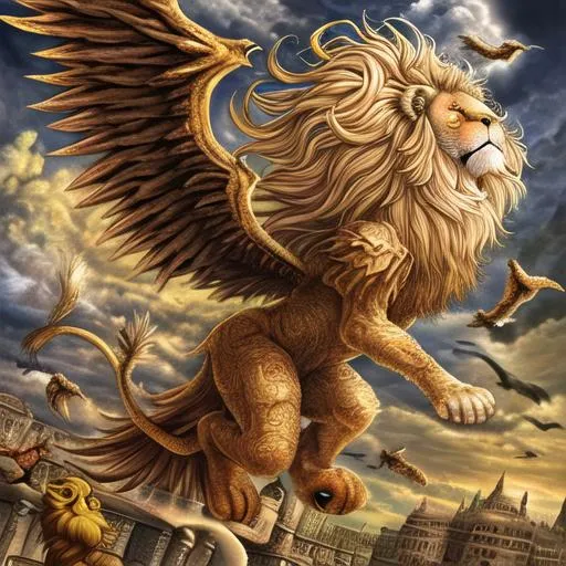 Lion with Wings with eyes on them, HDR, Highly detailed