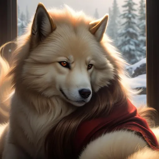 Prompt: 8k, 3D, UHD, masterpiece, oil painting, best quality, artstation, hyper realistic, photograph, perfect composition, zoomed out view of character, 8k eyes, Portrait of a (beautiful Ninetales), {canine quadruped}, glistening gold fur, thick luxurious fur, deep sinister (crimson eyes), ageless, lives a thousand years, epic anime portrait, vindictive, angry, growling, vengeful, wearing a luxurious {crimson collar}, presenting magical jewel, billowing gold mane with fluffy golden crest, golden magic fur lighlights, studio lighting, global illumination, sharp focus, intricately detailed fur, graceful, regal, billowing chest, cinematic, vector art, ray tracing, possesses fire element, blizzard, snow mountain, magnificent, sharp detailed eyes, beautifully detailed face, highly detailed starry sky with pastel pink clouds, ambient golden light, plump, perfect proportions, vector art, nine beautiful tails with pale orange tips, insanely beautiful, highly detailed mouth, symmetric, sharp focus, golden ratio, magic fur highlights, complementary colors, perfect composition, professional, unreal engine, high octane render, highly detailed mouth, Yuino Chiri, Anne Stokes