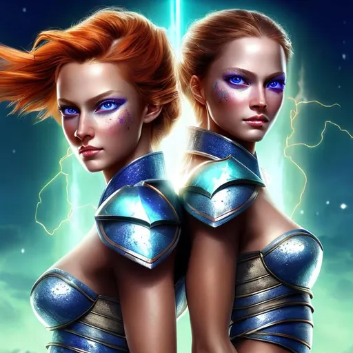 Prompt: HD 4k 3D 8k professional modeling photo hyper realistic beautiful twin warrior women ethereal greek goddesses of battle
orange hair in ponytails blue eyes gorgeous face fair skin dark bejeweled armor shields full body surrounded by magical glow hd landscape background trojan battlefield