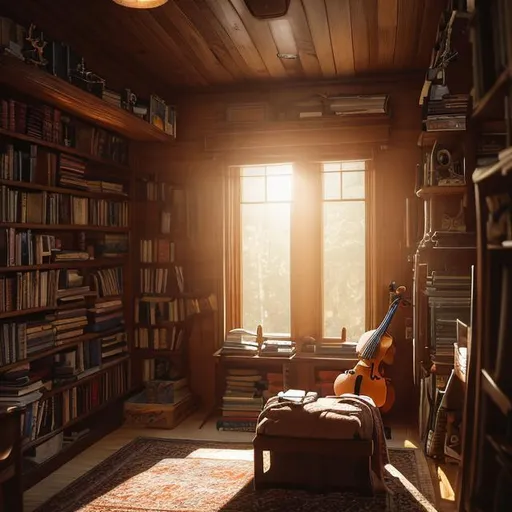 Prompt: It's a cozy room filled with books, maps, and adventure gear. Sunlight streams through the window, highlighting his violin resting on a chair. In the corner of the room, a boy is shown kneeling by his bed, hands folded in prayer, with a serene expression on his face, setting the tone for his deep faith.