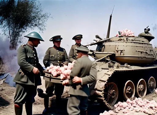 Prompt: ww1 soldiers eating cotton candy standing in front of destroyed tank