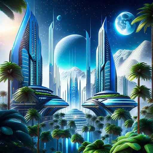 Prompt: A sci-fi city full of exquisite futuristic, hyperrealistic and hyperdetailed sky-scrappers, buildings and great religious temples deep into the jungle of dazzling palm trees, Nebula Moon Sky in the intricately detailed background, digital art masterpiece, perfect image composition, Sci-Fi style, liquid Blue atmosphere, highest quality of details and design, Unreal Engine 5, CryEngine, Ultra HD 1024K, Octane 3D, clarity, harmony, hierarchy, order, symmetry, proportions.