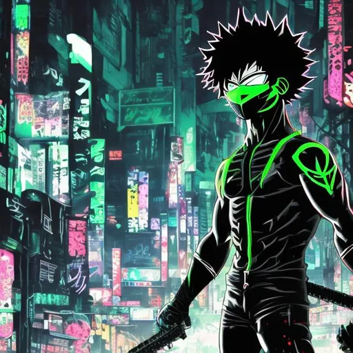 Prompt: Black and neon green. Accurate muscular masked vigilante deku villain. Blood spatters. Very Dark image with lots of shadows. Background partially destroyed neo Tokyo. Noir anime. Gritty. Dirty. Evil eyes