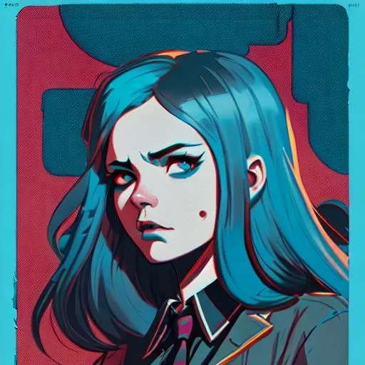 Prompt: a colorful comic noir illustration painting of a curvy, annoyed grungy girl by sachin teng and sam yang! in style of digital art, symmetry, sci fi, hyper detailed. octane render. long blue hair, collar, tattoos