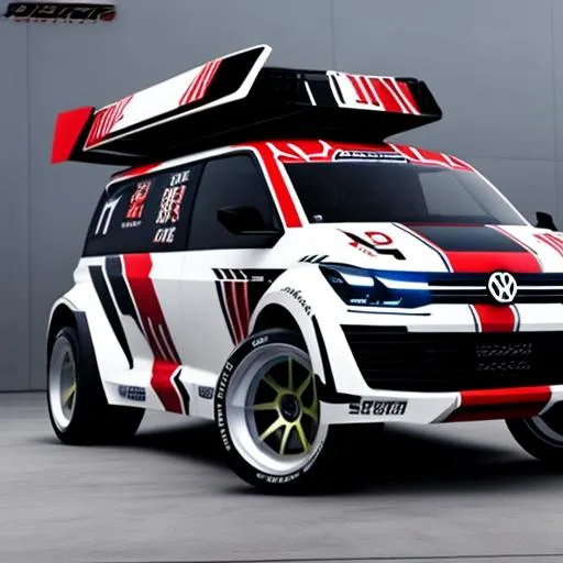 Prompt: Specced out rally version of the vw transporter, with a v12 in the back, with an enormous and complicated tear wing