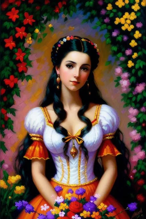 Prompt: Portrait of a woman with small chest in the style of  Leonid Afromov. brightly colored with lots of flowers everywhere in the background
