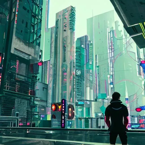 Prompt: staring off into a cyberpunk city