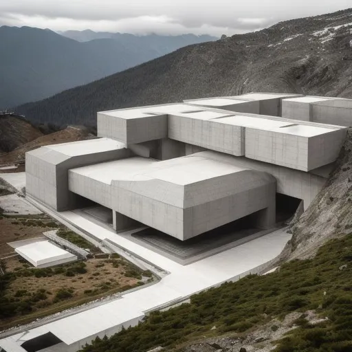Prompt: a hyper geometric research facility on the side of a mountain, brutalist architecture