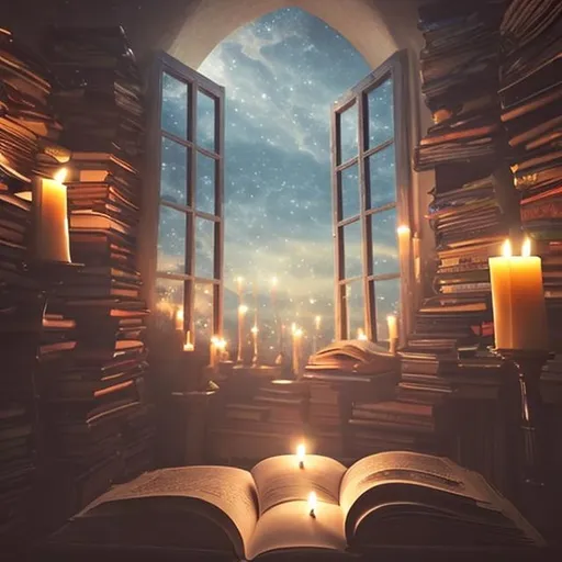 Prompt: An image of a room full of books and lit candles, through the full window you can see heaven and a gentle flame floating in the sky