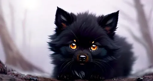 Prompt: Cute, black, fluffy, fantasy dark puppy, with dark, black eyes, very, dark fur, and possessing the element of darkness and making circles of dark magic move around in the air in a magical way. Perfect features, extremely detailed, realistic. Krenz Cushart + loish +gaston bussiere +craig mullins, j. c. leyendecker +Artgerm.