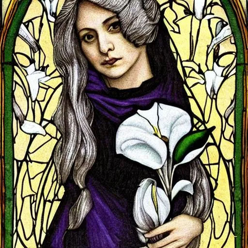 Prompt: white lilies, white dove, long grey hair, beautiful older woman,  jennifer anniston, long grey hair, black cat, bottecelli, daffodils, lilies, purple iris, madonna, pre-raphaelite, magpie, art nouveau, medieval

