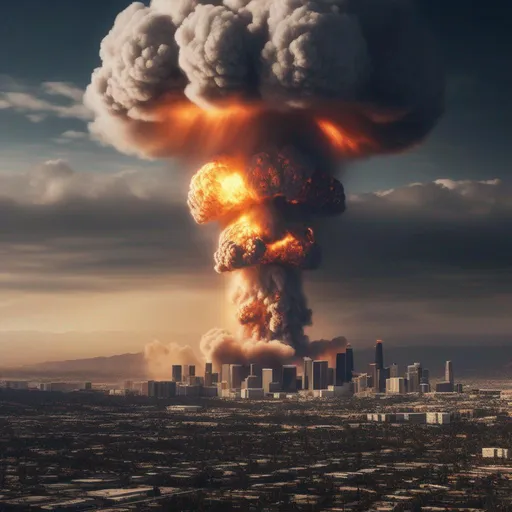 Prompt: Los Angeles, United States, suffers a nuclear attack,  Hyperrealistic, sharp focus, Professional, UHD, HDR, 8K, Render, electronic, dramatic, vivid, pressure, stress, nervous vibe, loud, tension, traumatic, dark, cataclysmic, violent, fighting, Epic