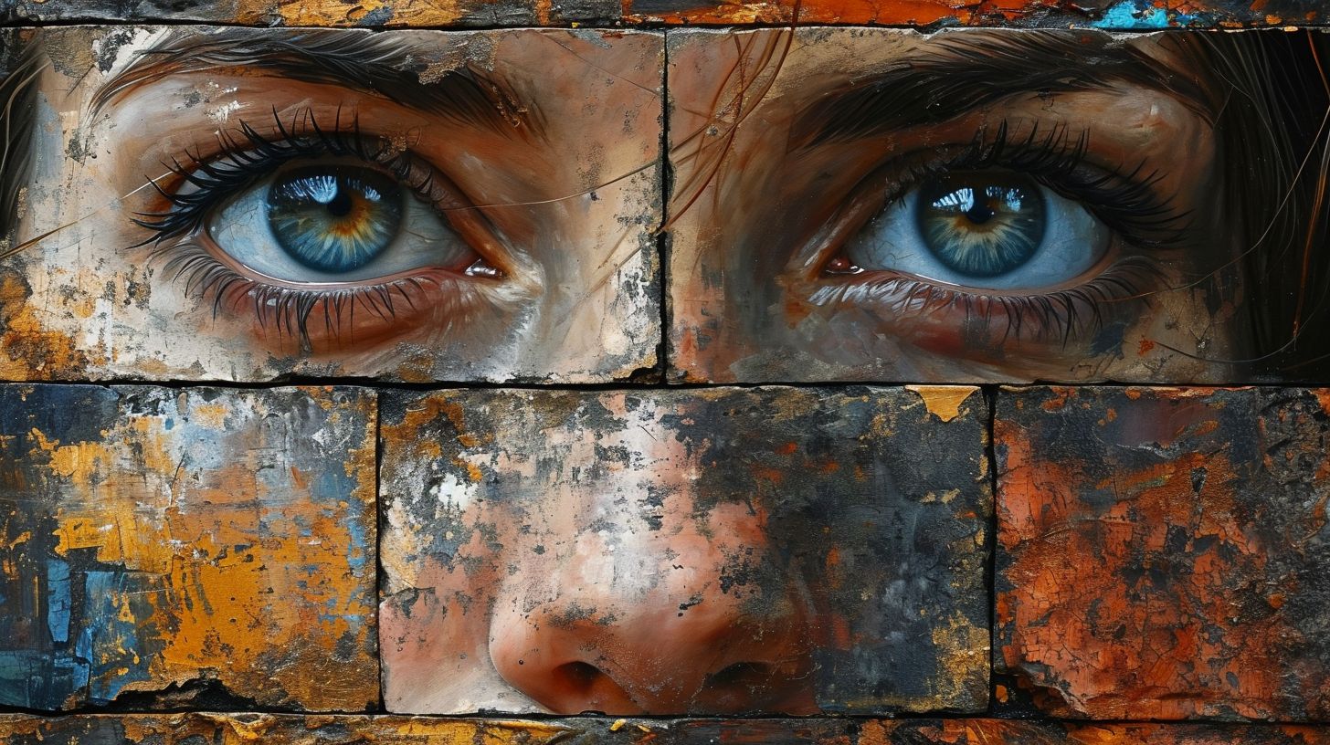 Prompt: many different faces on display are stacked in squares, in the style of expressive eyes, digital airbrushing, selective focus, wimmelbilder, ashcan school, light bronze and black, neo-pop mixed media