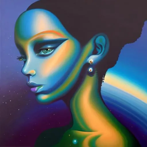 Prompt: Surreal portrait of beautiful female, cosmic landscape background, acrylic on canvas in style of post modernism 