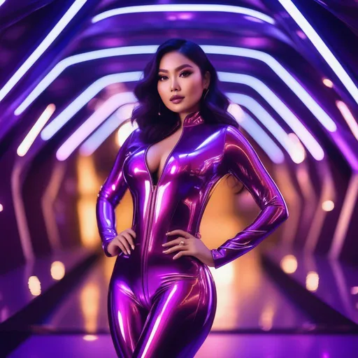 Prompt: pretty curvy Indonesian woman, 25 year old, (round face, high cheekbones, almond-shaped brown eyes, epicanthic fold, small delicate nose), in a shiny purple bodysuit, posing for a picture, action pose, a hologram by Lü Ji, instagram, retrofuturism, shiny, futuristic, neon