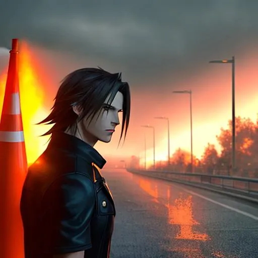 Prompt: A very dramatic portrait of Squall from Final Fantasy being watched by a traffic cone, dramatic lighting, fiery background