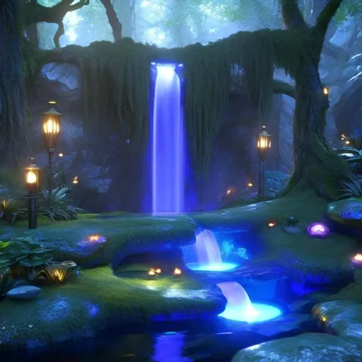 Prompt: Envision a glowing waterfall in a lush forest. Fantasy, another dimension. Hyperrealistic, UHD, HD, 8K, a portal rests besides the river