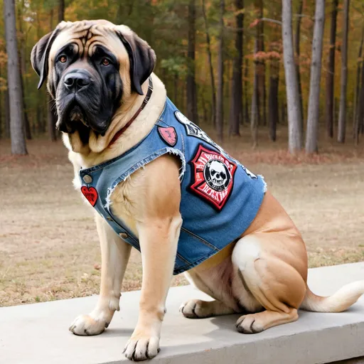 Prompt: english mastiff wearing a heavy metal music denim vest with patches