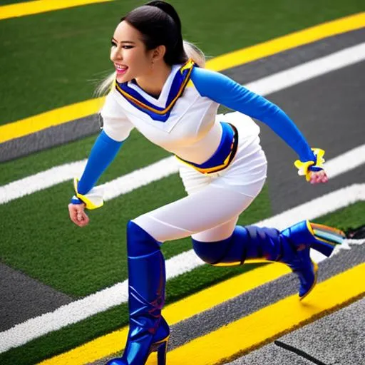 Prompt: UHD, , 8k, high quality, oil painting, hyper realism, Very detailed, zoomed out view of character, full body of character is seen, character portrait that is zoomed out, Japanese female superheroine who is summoning cosmic rays and wearing a white superhero outfit that shows off her arms, she has a black and yellow cape and has black boots and fingerless gloves
