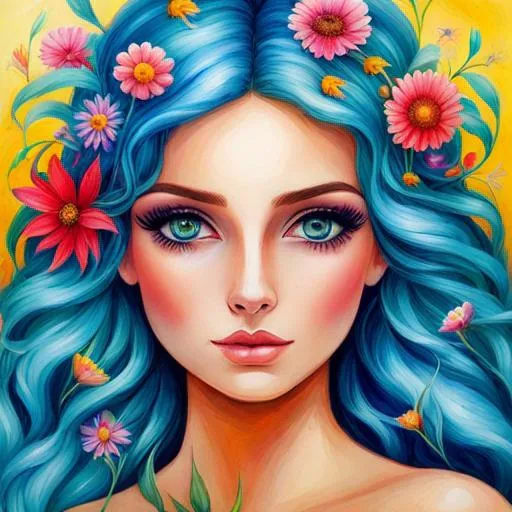Prompt: Fairy goddess of summer, vivid colors,large eyes, warm coiors, wildflowers, closeup