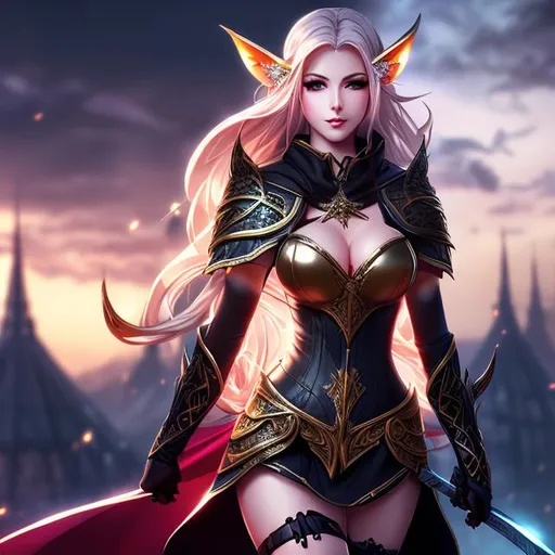 Prompt: Anime Splash art, full body beautiful busty elven woman, fantasy, medieval, blond hair, black leather armor, cloak, bra, cleavage, high contrast, dark fantasy atmosphere, moon background, by wlop