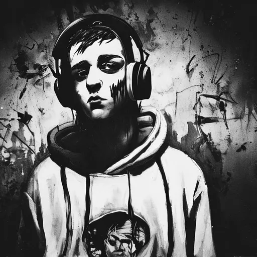 Prompt: 25 year old white Young music creator, tough, struggling, headphones, painted, long black  emo hair style, album cover modern art, nighttime, outside, New Orleans streets, microphone.